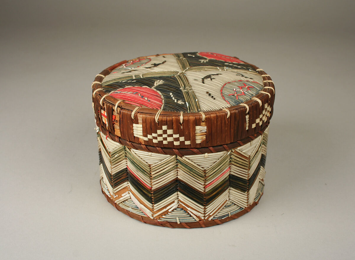 Lidded Box, Birchbark, wood, spruce root, quill, Micmac