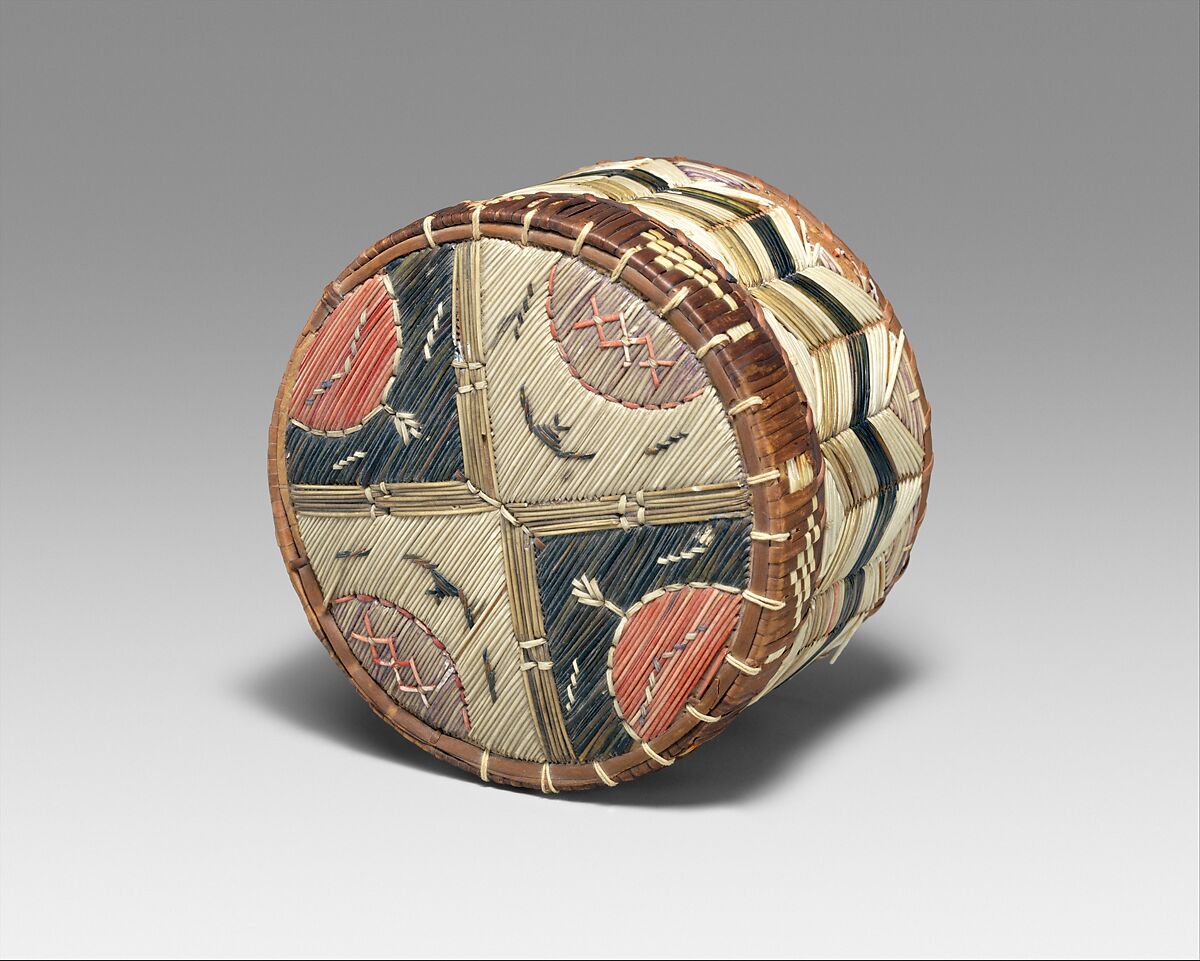 Lidded Box, Birchbark, wood, spruce root, quill, Micmac