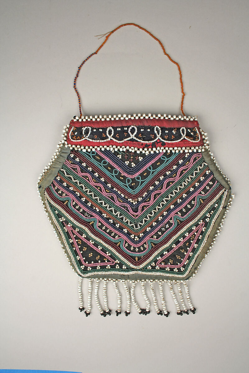 Bag, Wool, cotton, silk, glass, brass, Micmac or Haudenosaunee (Iroquois)