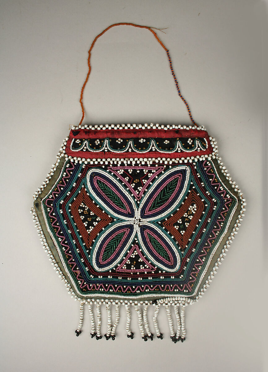 Bag, Wool, cotton, silk, glass, brass, Micmac or Haudenosaunee (Iroquois)