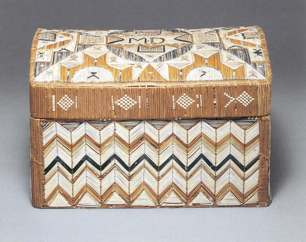 Lidded Trunk, Birchbark, wood, spruce root, quill, Micmac