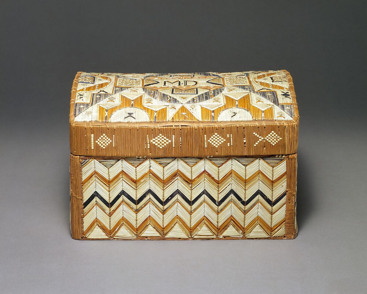 Lidded Trunk, Birchbark, wood, spruce root, quill, Micmac