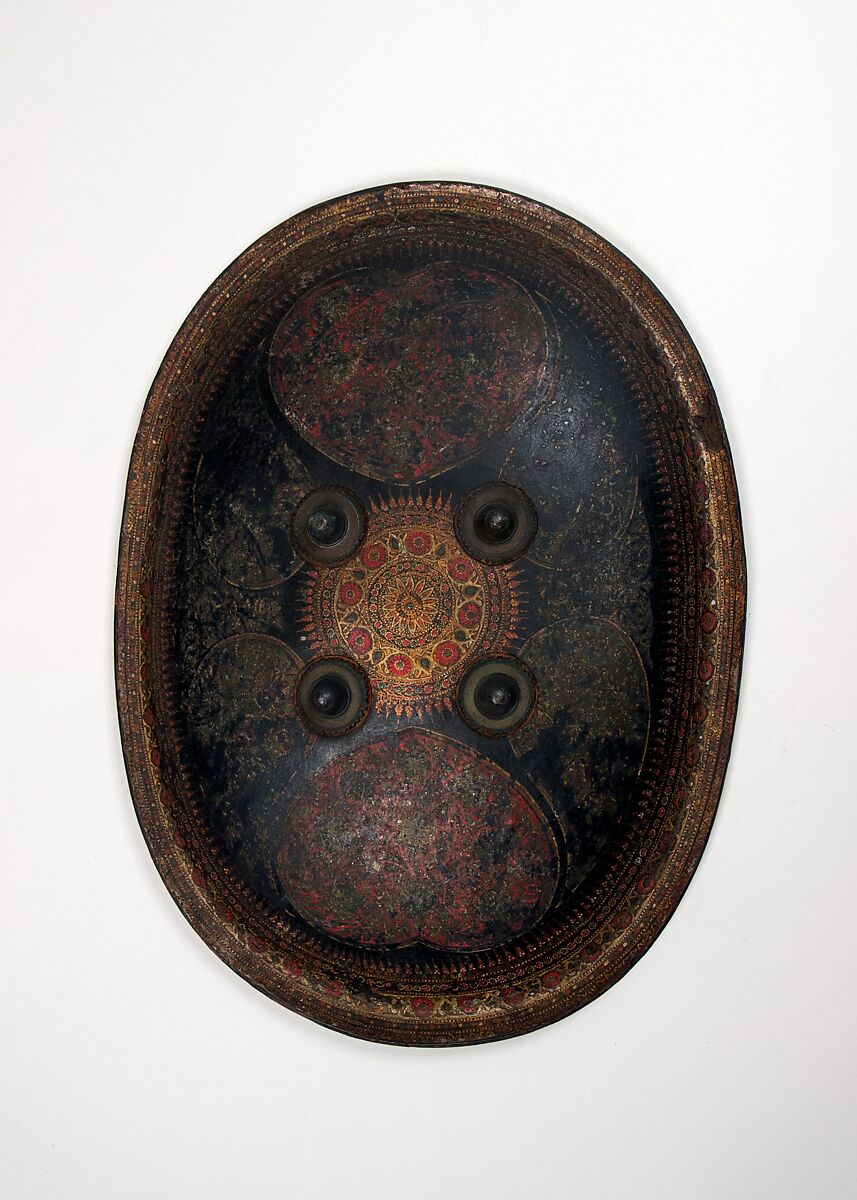 Shield (Dhàl), Leather, textile (velvet), textile, copper alloy, polychromy, Indian 