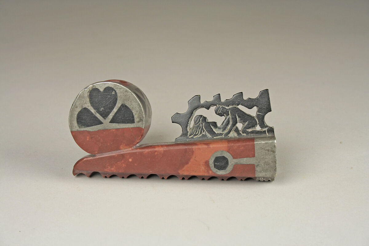 Pipe Bowl, Catlinite, black stone, metal, Eastern Sioux