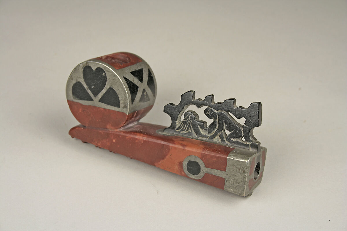 Pipe Bowl, Catlinite, black stone, metal, Eastern Sioux