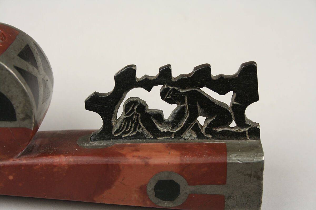 Pipe Bowl, Catlinite, black stone, metal, Eastern Sioux