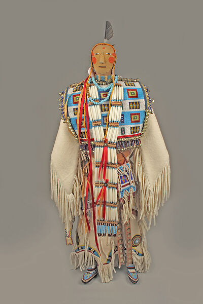 Female Doll, Joyce Growing Thunder Fogarty (Native American, Assiniboine-Sioux, born 1950), Cotton, glass, leather, metal, hair, feather, ribbon, shell
