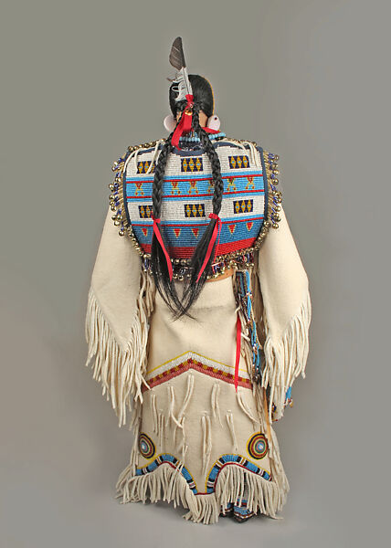 Female Doll, Joyce Growing Thunder Fogarty (Native American, Assiniboine-Sioux, born 1950), Cotton, glass, leather, metal, hair, feather, ribbon, shell
