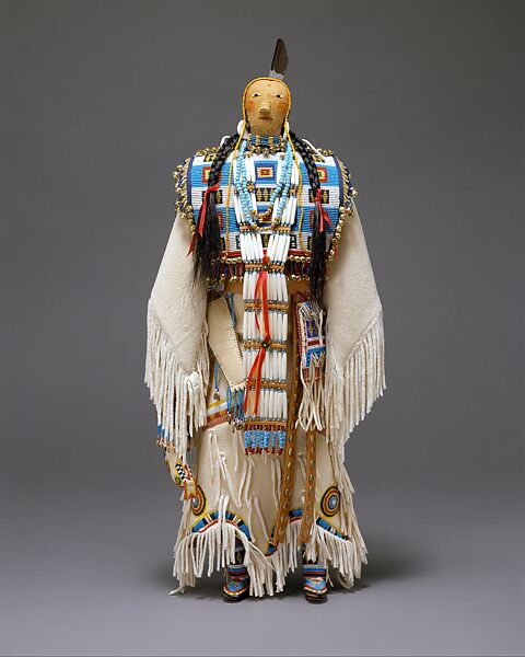 Female Doll, Joyce Growing Thunder Fogarty (Native American, Assiniboine-Sioux, born 1950), Cotton, glass, leather, metal, hair, feather, ribbon, shell 