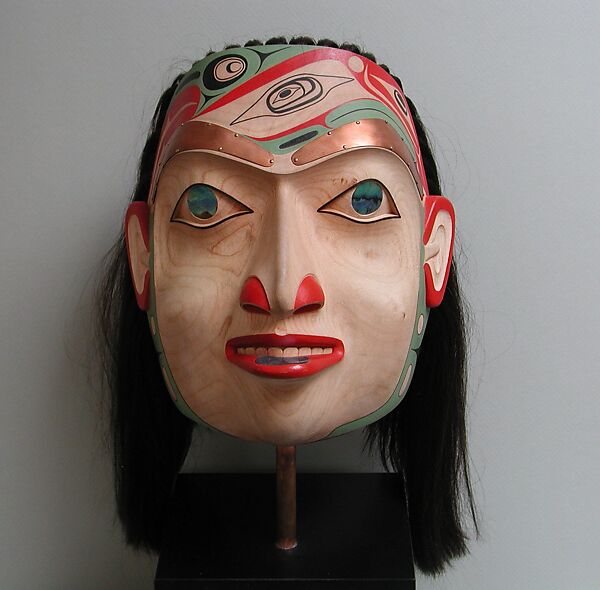 Noble Woman Mask, Robert Davidson (Native American, Haida, Alaska, born 1946), Alder, copper, abalone shell, hair, pigment