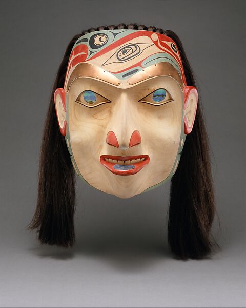 Noble Woman Mask, Robert Davidson (Native American, Haida, Alaska, born 1946), Alder, copper, abalone shell, hair, pigment 