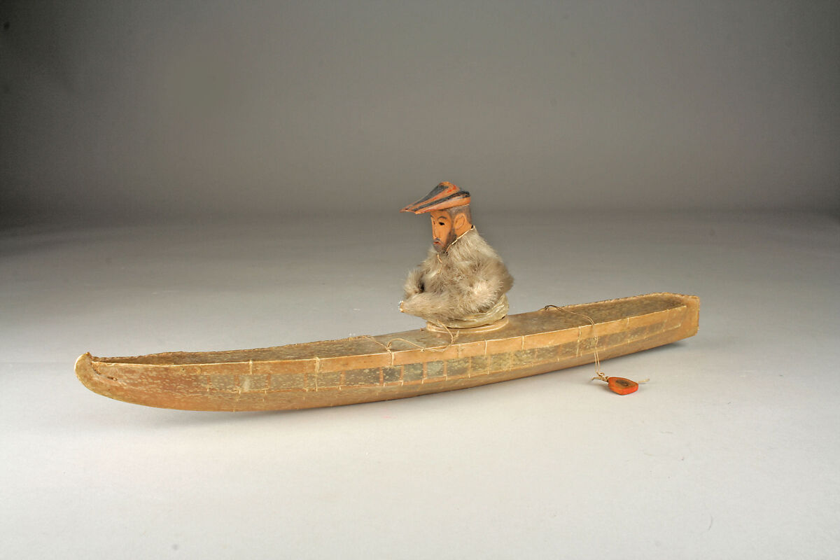 Kayak Model with Hunter, Gutskin, fur, wood, sinew, pigment, Aleut