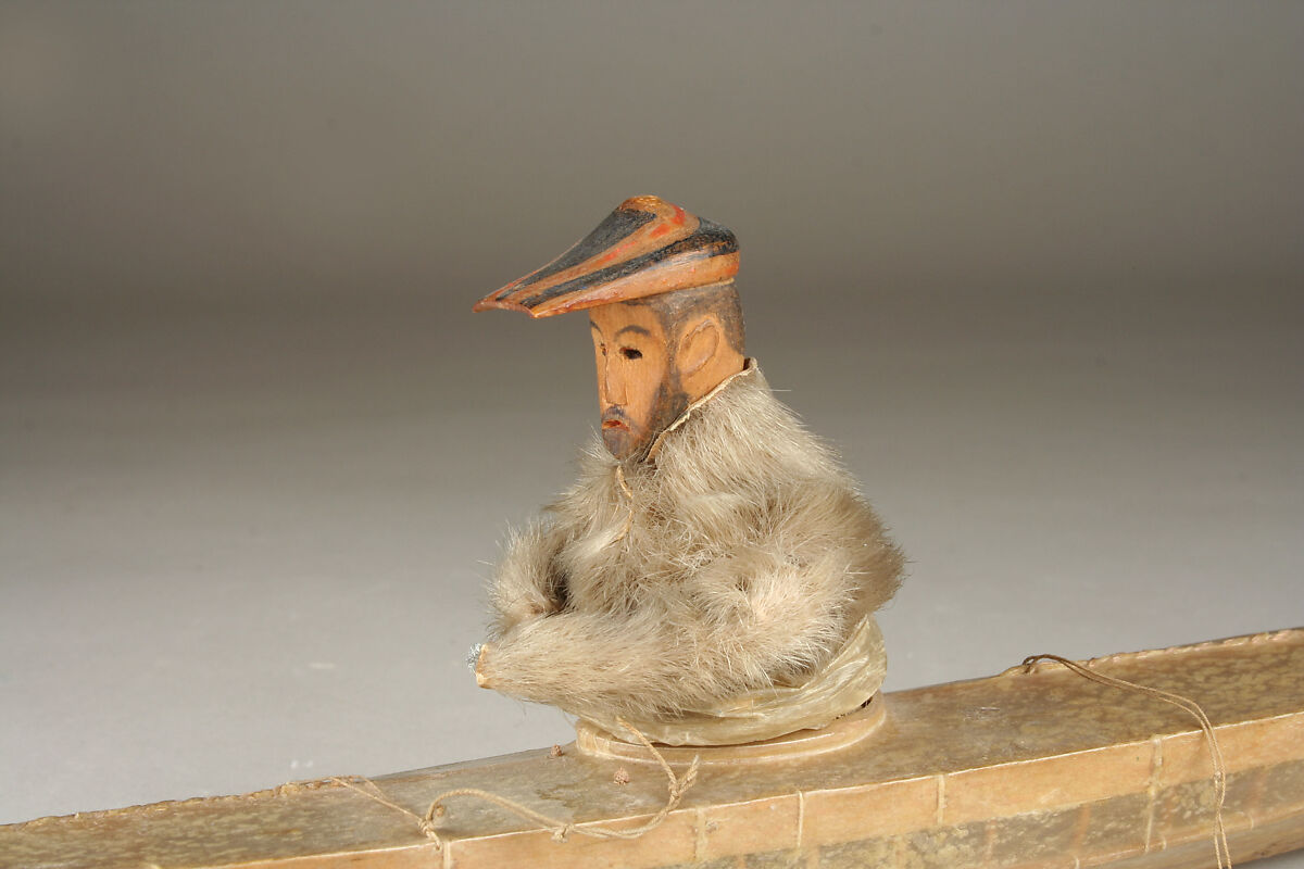 Kayak Model with Hunter, Gutskin, fur, wood, sinew, pigment, Aleut