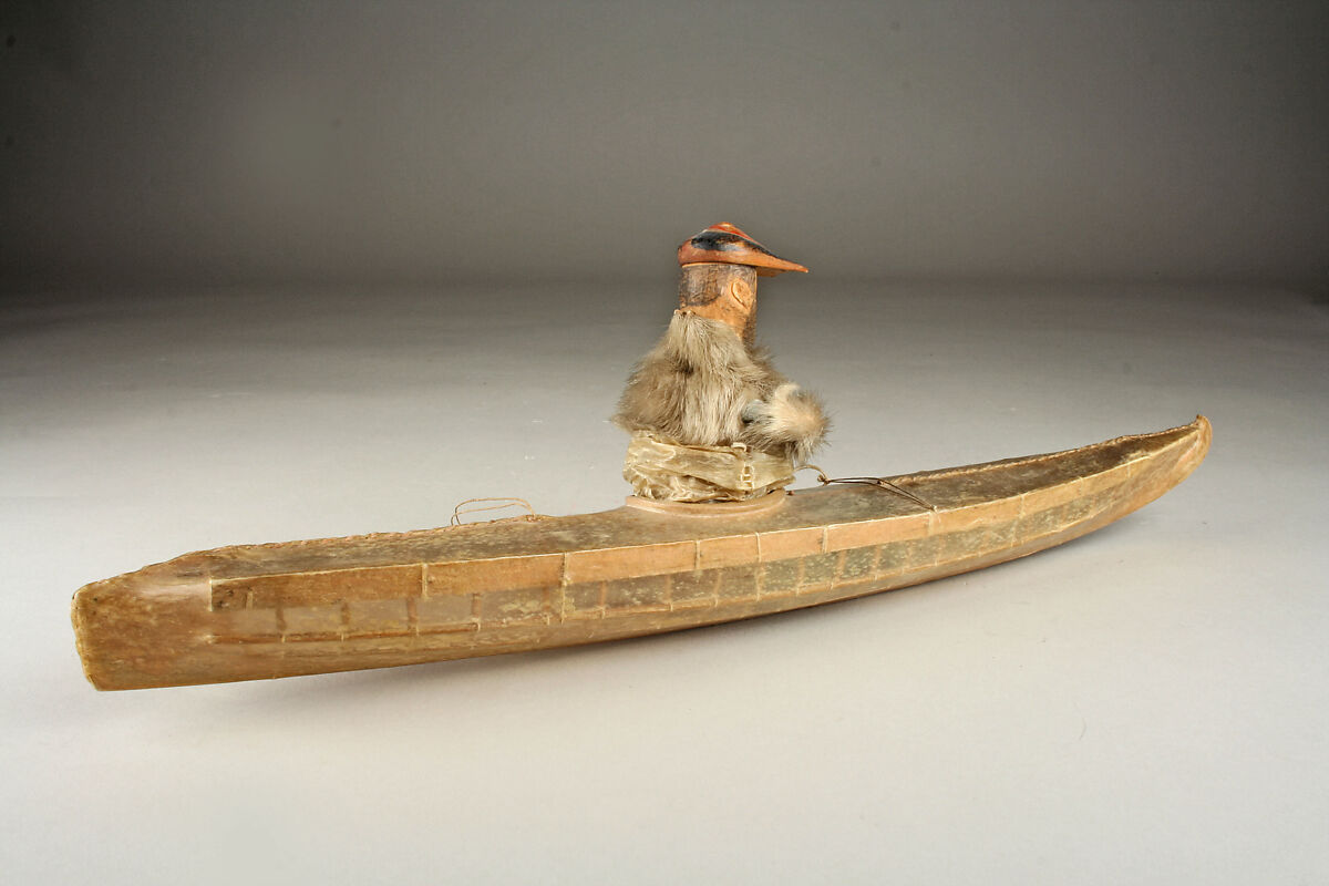 Kayak Model with Hunter, Gutskin, fur, wood, sinew, pigment, Aleut