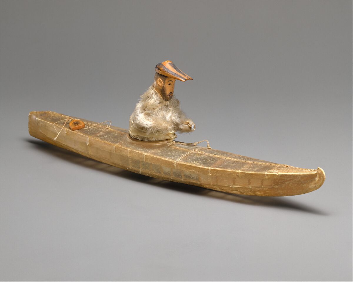 Kayak Model with Hunter, Gutskin, fur, wood, sinew, pigment, Aleut 