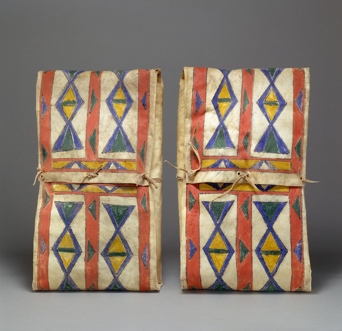 Pair of Parfleches, Rawhide, pigment, Native-tanned skin ties, Brulé Sioux 