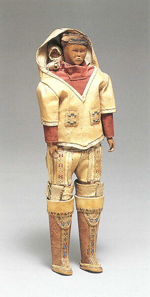 Doll with Child, Wood, native-tanned skin, pigment, cotton, Inuit