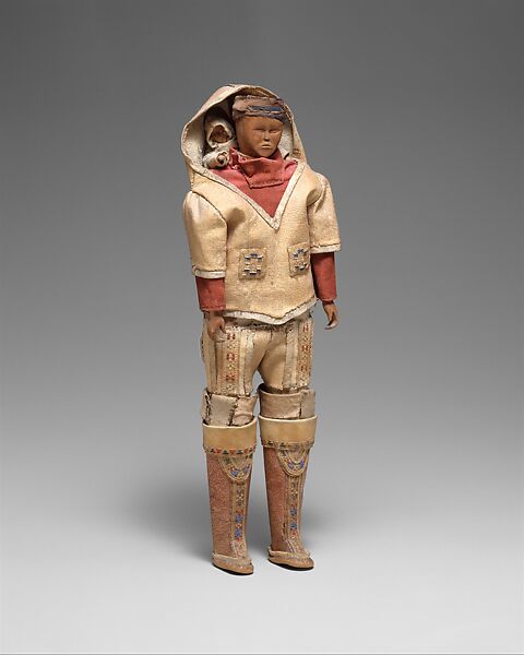 Doll with Child, Wood, native-tanned skin, pigment, cotton, Inuit 