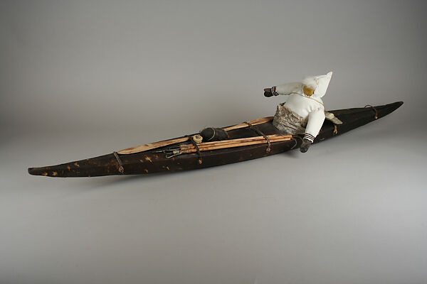 Kayak Model with Hunter, Sarah Novalinga (First Nation, Inuit, born 1979), Skin, fur, cloth, metal, wood, sinew, plant fiber