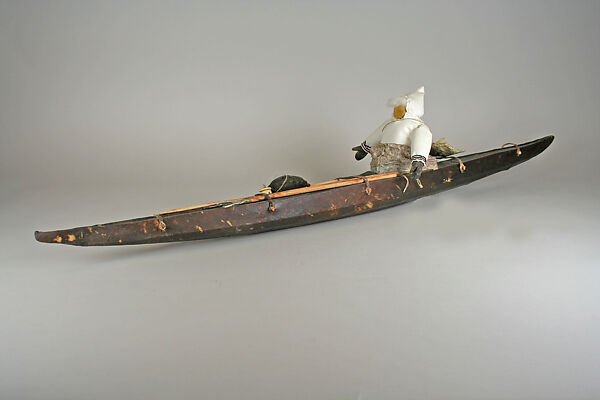 Kayak Model with Hunter, Sarah Novalinga (First Nation, Inuit, born 1979), Skin, fur, cloth, metal, wood, sinew, plant fiber