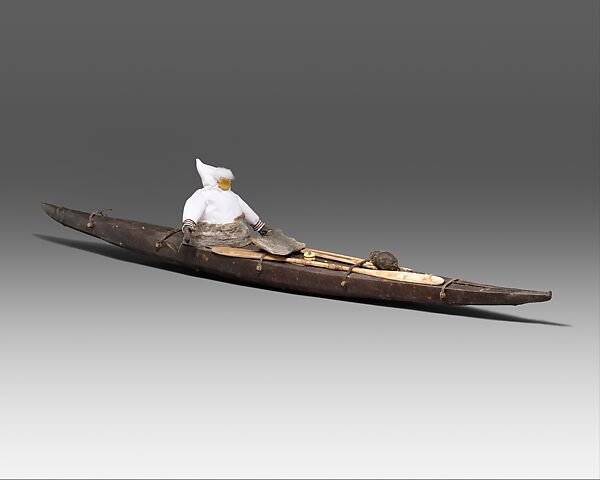 Kayak Model with Hunter, Sarah Novalinga (First Nation, Inuit, born 1979), Skin, fur, cloth, metal, wood, sinew, plant fiber 