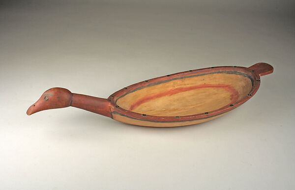 Bird effigy dish, Wood, copper, pigment, Yup'ik