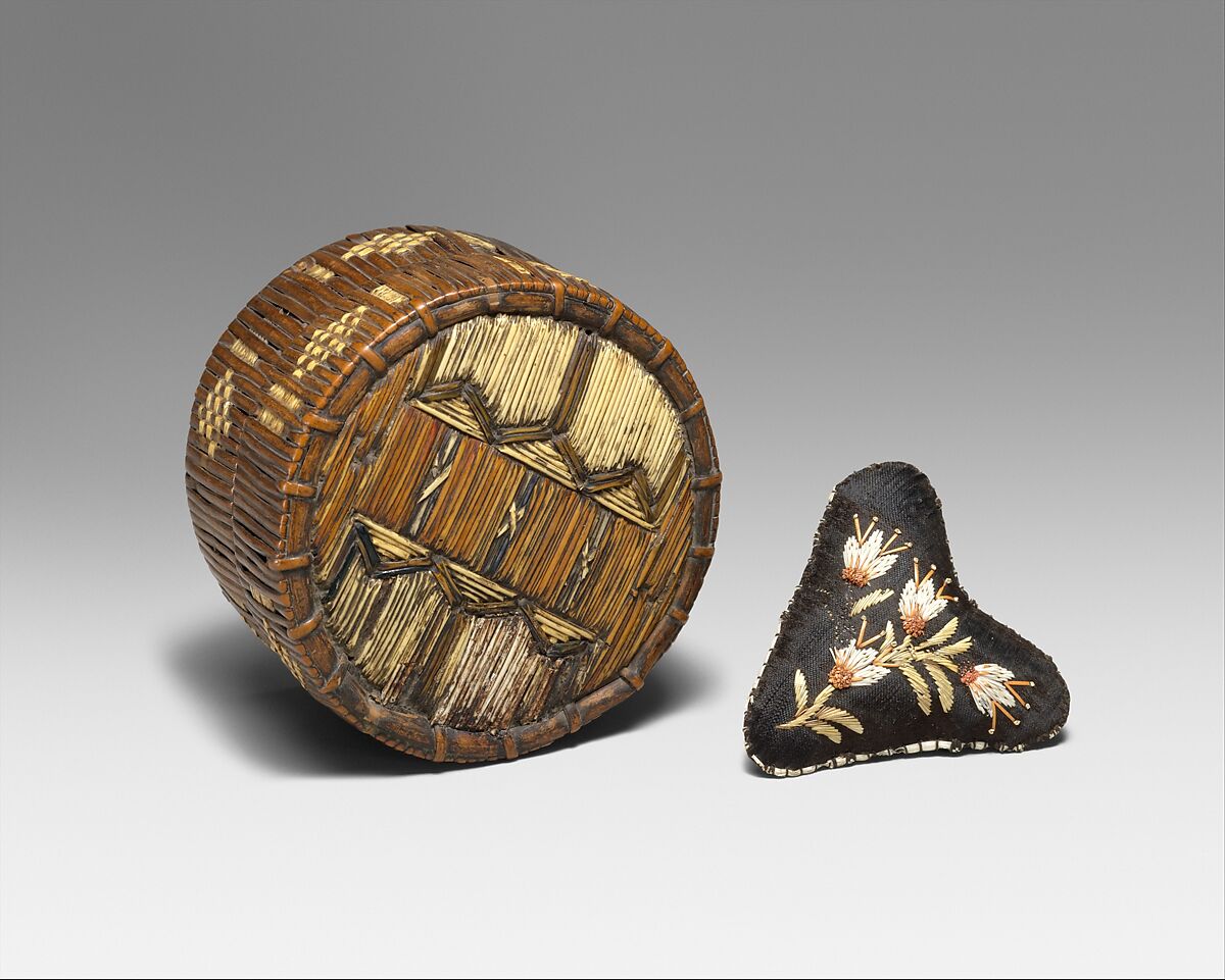 Lidded Box, Birchbark, wood, spruce root, porcupine quill, Micmac