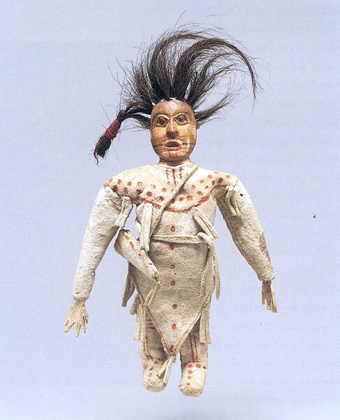 Doll, Native-tanned skin, pigment, wood, hair, Tlingit