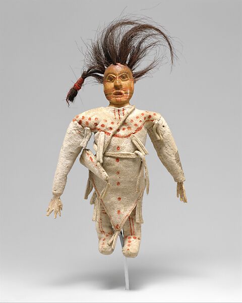 Doll, Native-tanned skin, pigment, wood, hair, Tlingit 