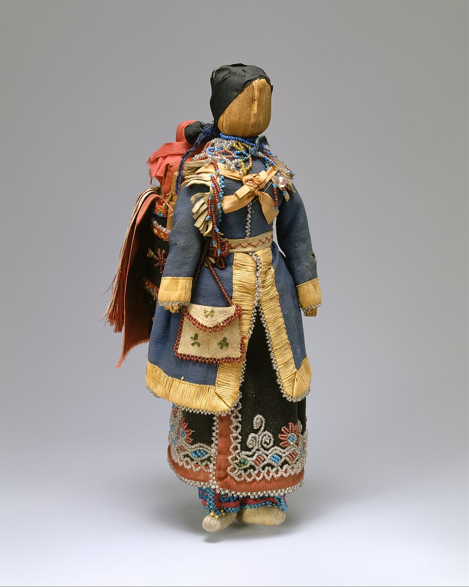 Mother-and-Child Doll, Corn husk, cotton, wool, Native-tanned skin, glass, silk, Seneca 