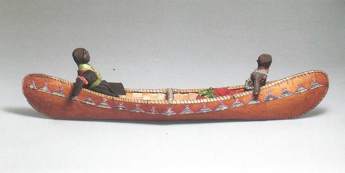 Canoe Model with Dolls, Canoe: Birchbark, wood, quill
Dolls: Silk, cotton, wool, glass, resin, Micmac