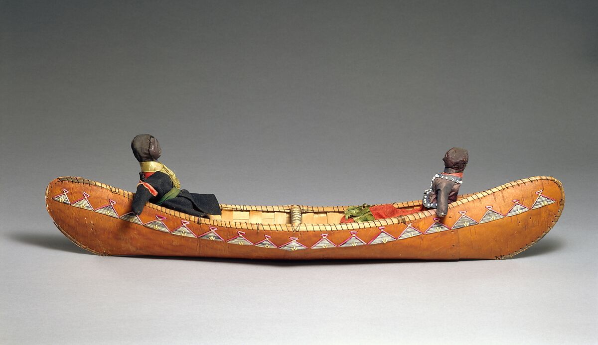 Canoe Model with Dolls, Canoe: Birchbark, wood, quill
Dolls: Silk, cotton, wool, glass, resin, Micmac 