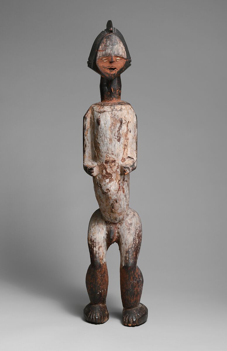 Reliquary: Standing Male Figure, Wood, pigment, metal, cowrie shells, Kota peoples, Mbete group 
