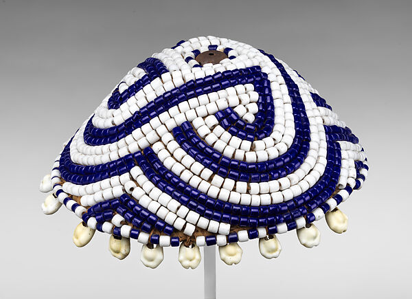 Laket mishiing hat, Kuba artist, Raffia palm fiber, glass beads, cowrie shells, Kuba peoples