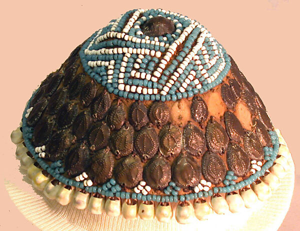 Prestige Cap (Laket ), Raffia palm fiber, metal, glass beads, cowrie shells, Kuba peoples