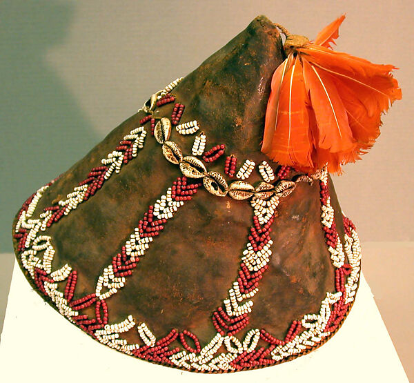 Hat, Leather, glass beads, feathers, cowrie shells, Democratic Republic of Congo