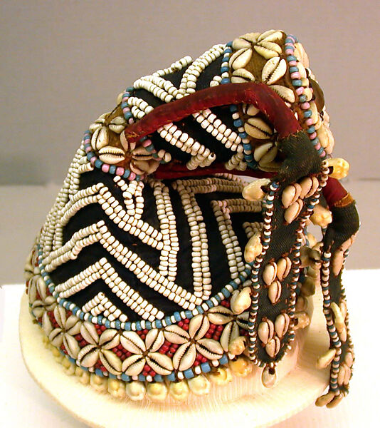 Hat (Kalyeem), Raffia, glass beads, cowrie shells, cotton cloth, Kuba