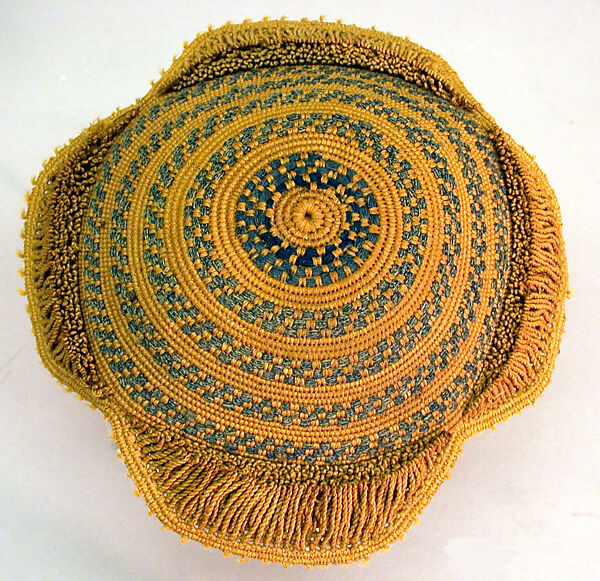 Laket mishiing prestige cap, Kuba artist, Raffia palm fiber, indigo (?) dyed cotton yarn, Kuba peoples