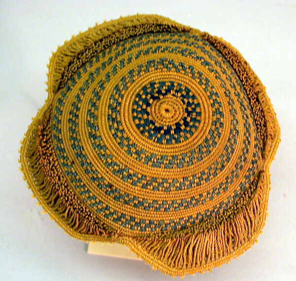 Laket mishiing prestige cap, Kuba artist, Raffia palm fiber, indigo (?) dyed cotton yarn, Kuba peoples