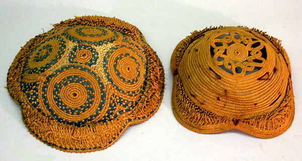 Prestige Cap (Laket mishiing), Raffia palm fiber, indigo (?) dyed cotton yarn, Kuba