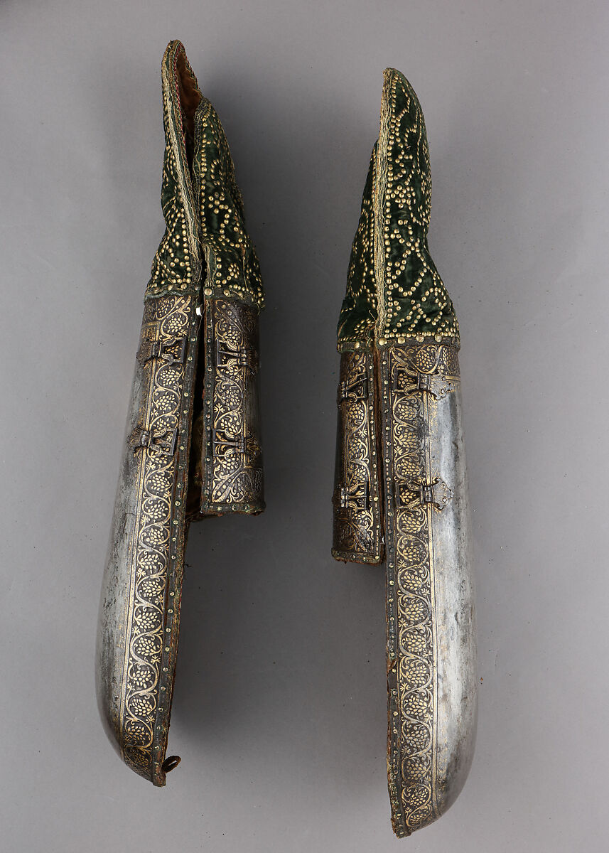 Pair of Arm Guards, Steel, gold, velvet, textile, copper alloy, Indian, probably Sikh