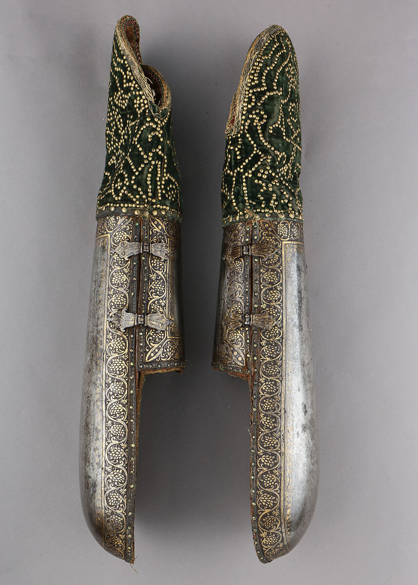 Pair of Arm Guards, Steel, gold, velvet, textile, copper alloy, Indian, probably Sikh