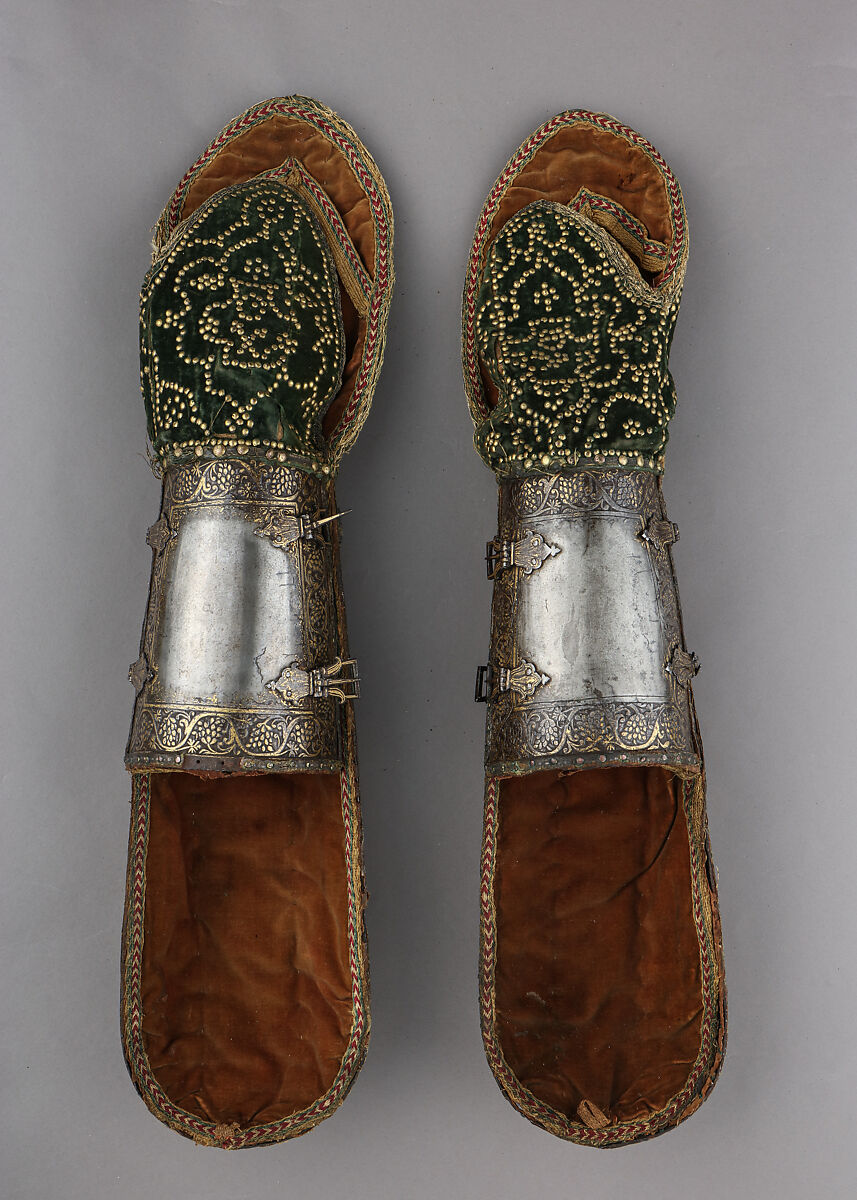 Pair of Arm Guards, Steel, gold, velvet, textile, copper alloy, Indian, probably Sikh