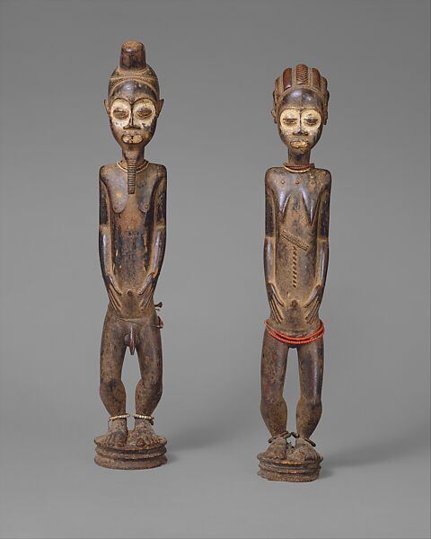 Pair of Diviner's Figures, Wood, pigment, beads, iron, Baule peoples 
