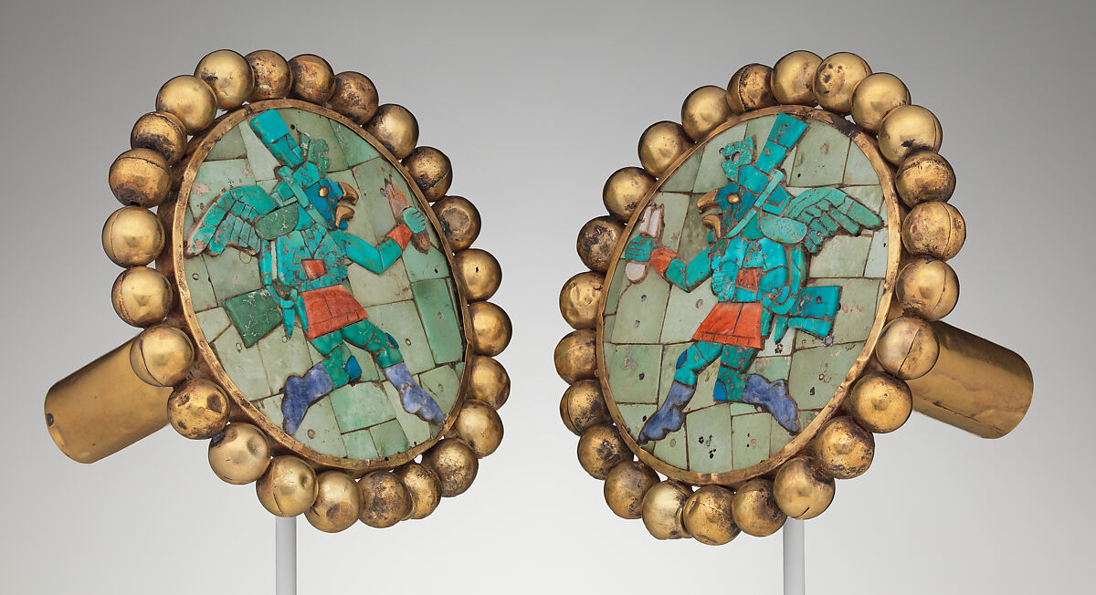 Pair of Ear Ornaments with Winged Runners, Gold, turquoise, sodalite, shell, Moche