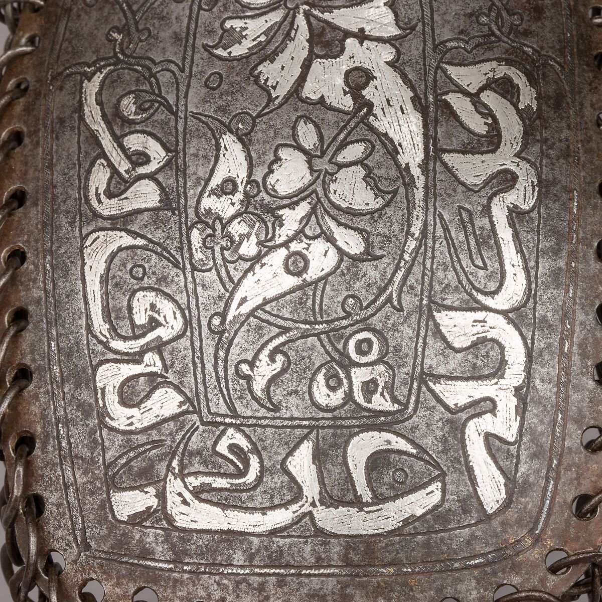 Defense for the Lower Right Leg (Greave), Steel, iron, silver, gold, leather, Turkish, possibly Bursa