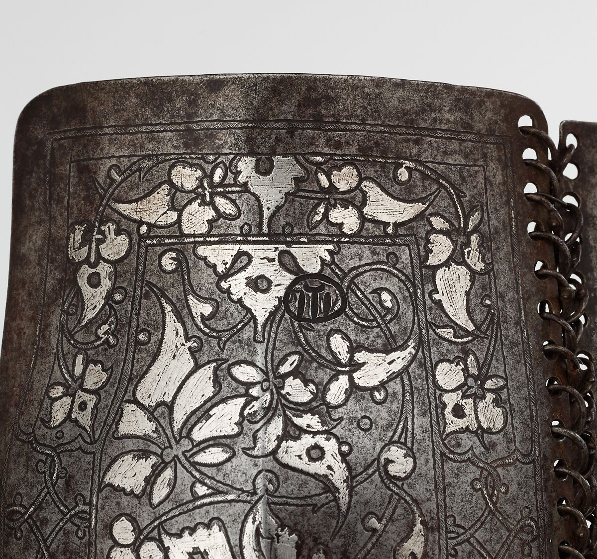 Defense for the Lower Right Leg (Greave), Steel, iron, silver, gold, leather, Turkish, possibly Bursa