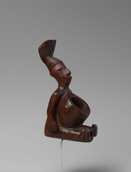 Pipe Bowl: Seated Figure, Wood, pigment, resin(?), Mangbetu peoples 