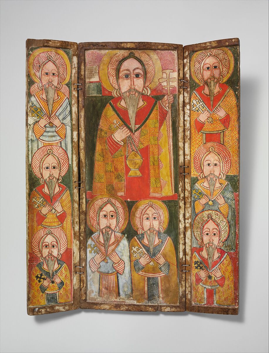 Icon Triptych: Ewostatewos and Eight of His Disciples, Wood, tempera, cord, Amhara peoples 