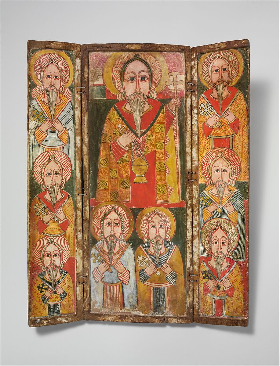 Icon Triptych: Ewostatewos and Eight of His Disciples, Wood, tempera, cord, Amhara peoples